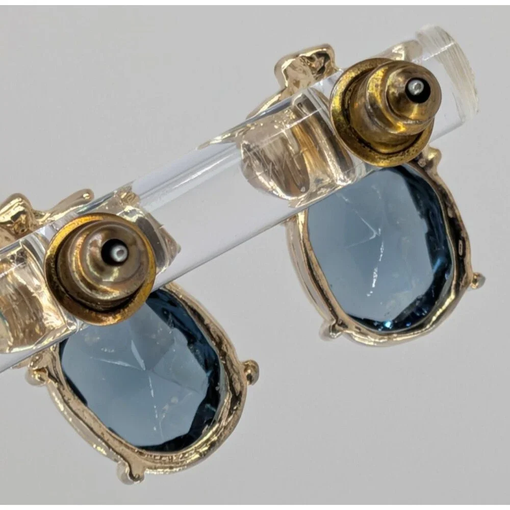 Vintage Blue Glass Stud Earrings Clear Rhinestone Crown Gold Tone Pierced 15mm